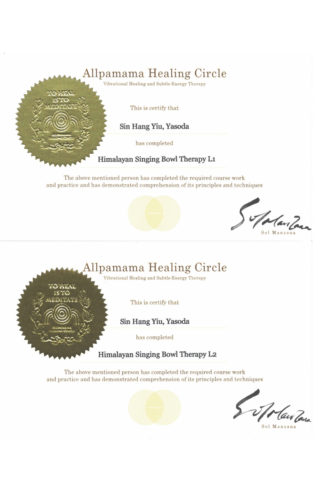 Yasoda獲得香港著名的頌缽療法導師曾文通的Himalayan Singing Bowl Therapy專業認證